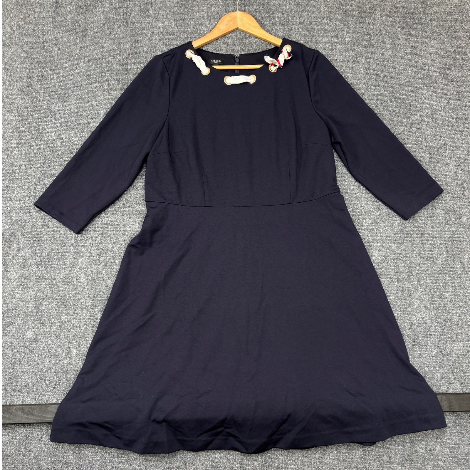 Talbots Fit And Flare Dress Womens 14p Navy Blue New Grommet Scarf 3/4 Sleeve